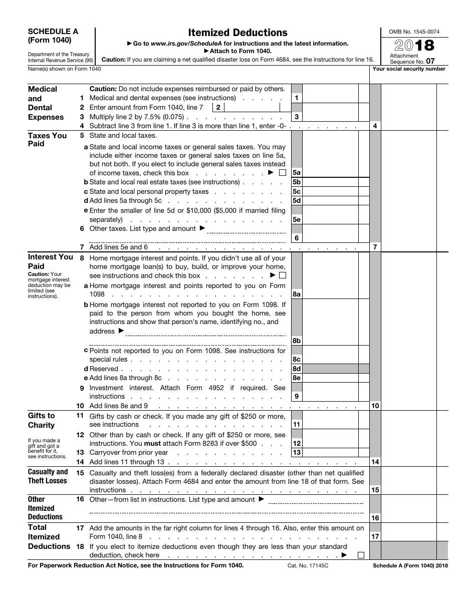 IRS Form 1040 Schedule A Itemized Deductions, Page 1