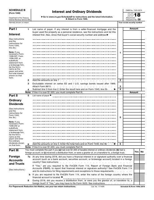 IRS Form 1040 Schedule B 2018 Printable Pdf