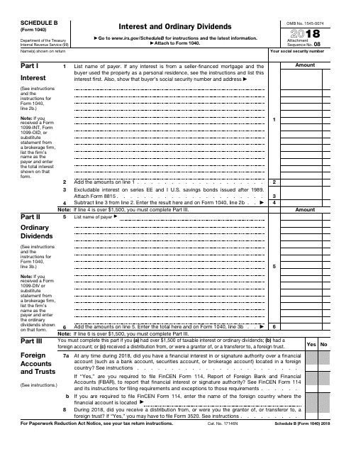 Irs Form 1040 Download Fillable Pdf 2018 Schedule B Interest And