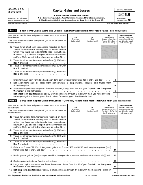 IRS Form 1040 Schedule D 2018 Printable Pdf