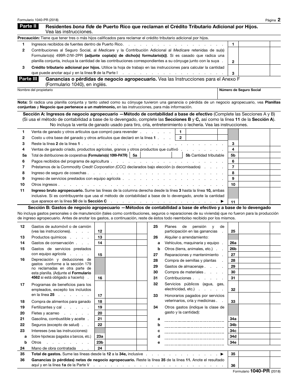IRS Formulario 1040-PR Planilla Para La Declaracion De La Contribucion Federal Sobre El Trabajo Por Cuenta Propia (Incluyendo El Credito Tributario Adicional Por Hijos Para Residentes Bona Fide De Puerto Rico) (Puerto Rican Spanish), Page 2
