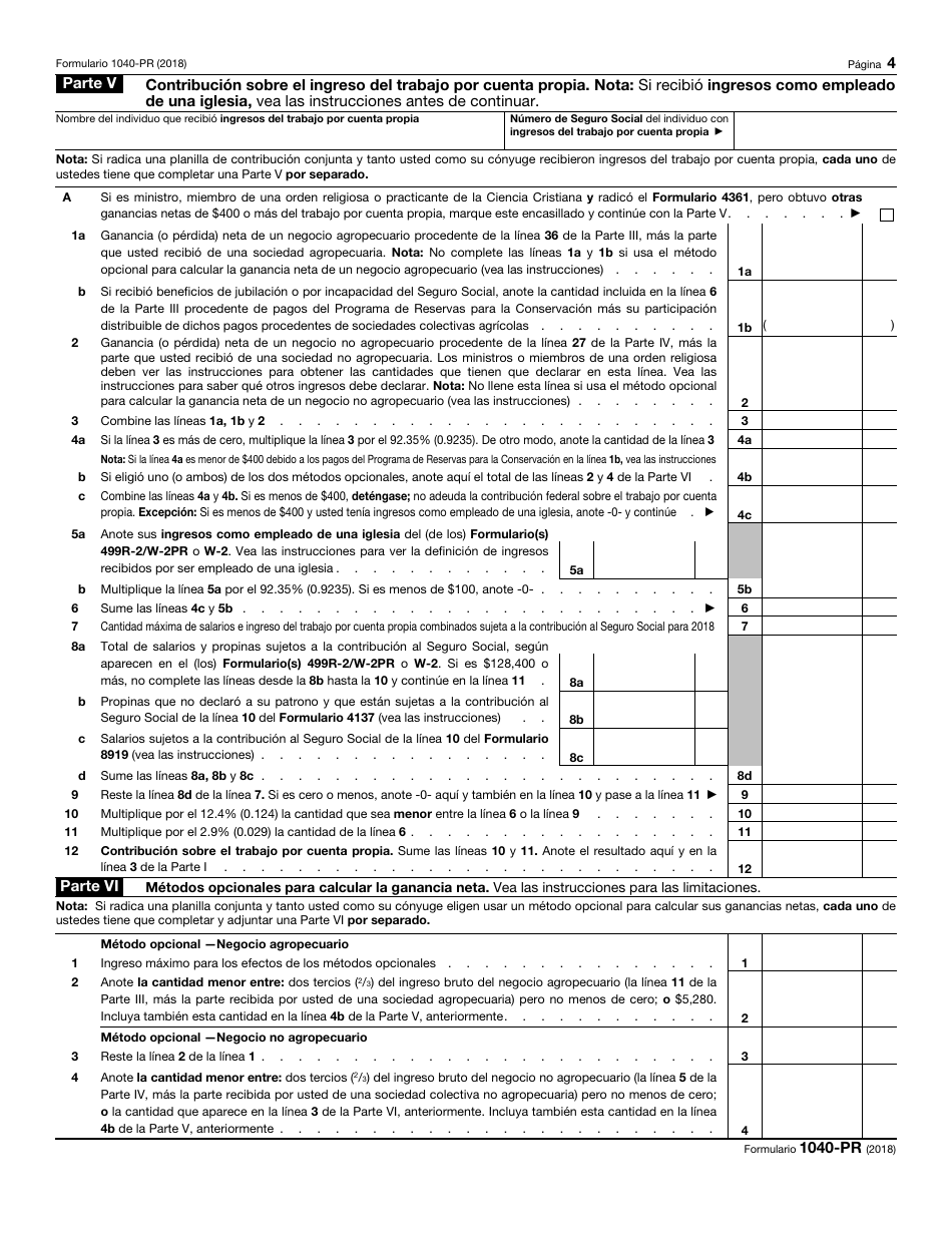 IRS Formulario 1040-PR Planilla Para La Declaracion De La Contribucion Federal Sobre El Trabajo Por Cuenta Propia (Incluyendo El Credito Tributario Adicional Por Hijos Para Residentes Bona Fide De Puerto Rico) (Puerto Rican Spanish), Page 4