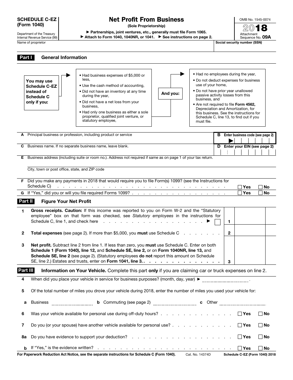 IRS Form 1040 Schedule C-EZ Net Profit From Business (Sole Proprietorship), Page 1