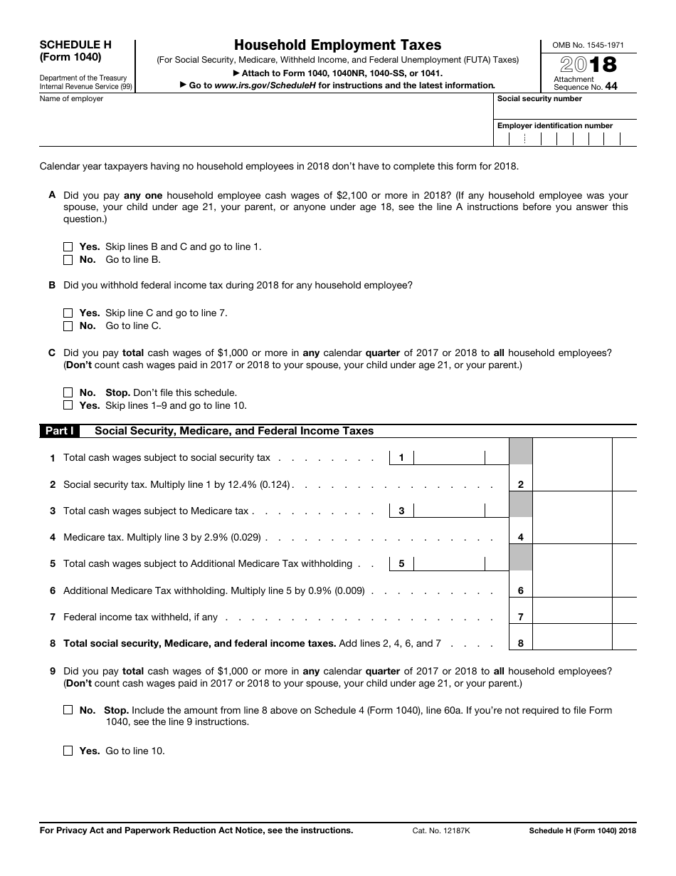 IRS Form 1040 Schedule H Household Employment Taxes, Page 1