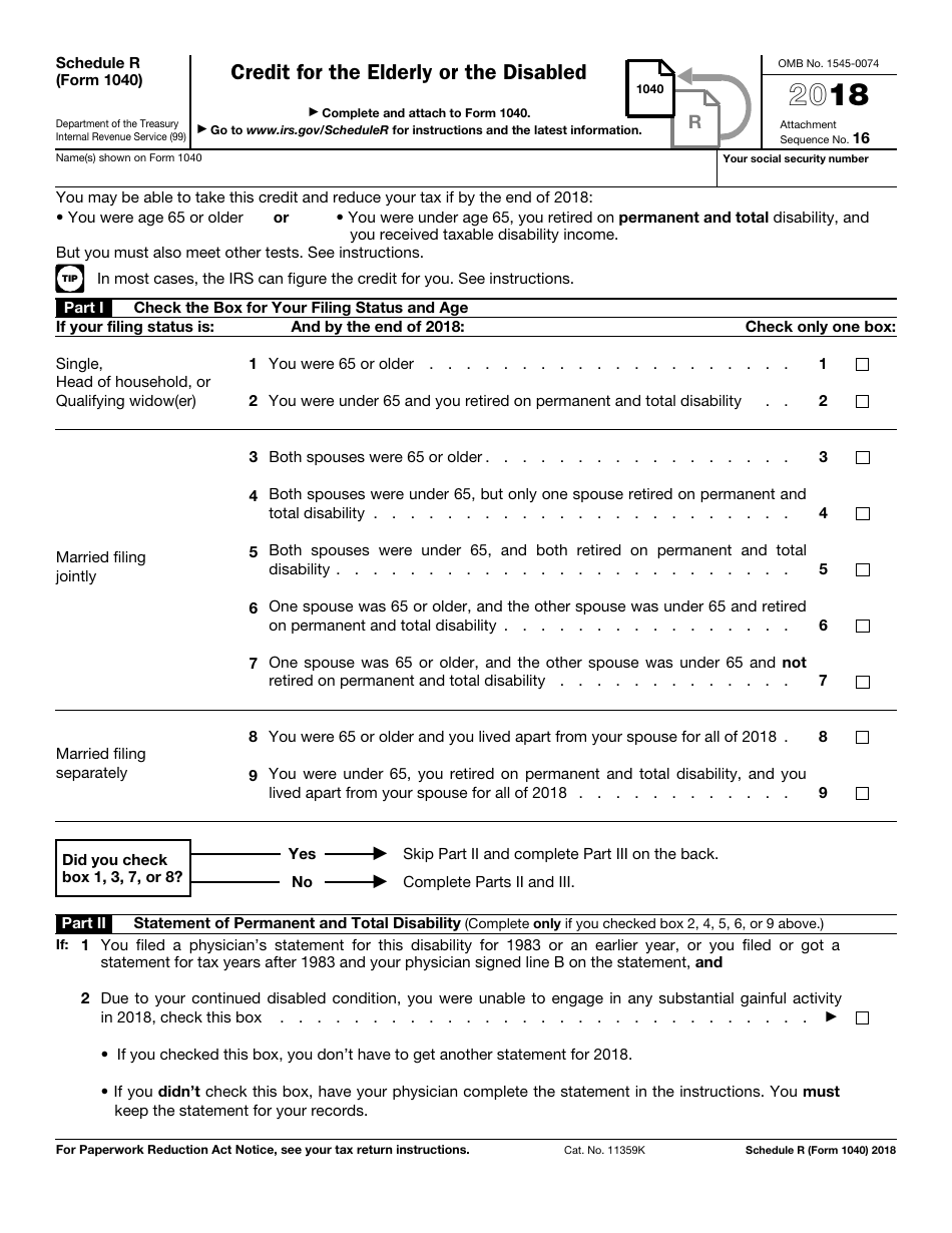 IRS Form 1040 Schedule R Credit for the Elderly or the Disabled, Page 1