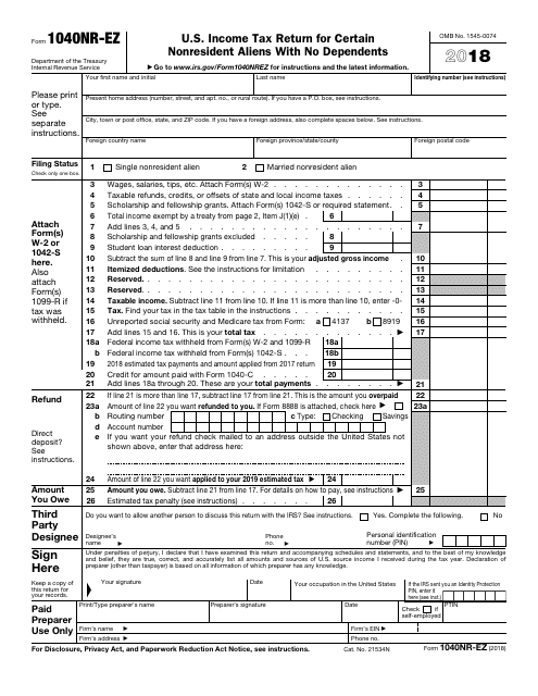 IRS Form 1040-NR-EZ 2018 Printable Pdf