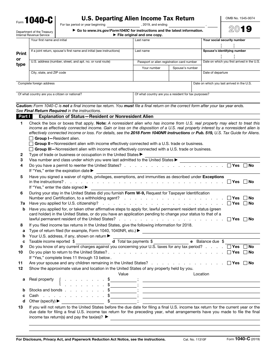 IRS Form 1040-C U.S. Departing Alien Income Tax Return, Page 1