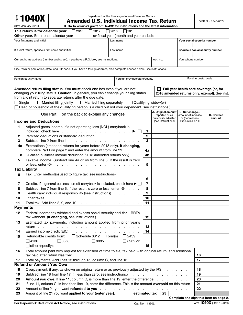 IRS Form 1040X Download Fillable PDF Or Fill Online Amended U S