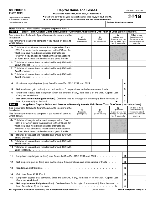 IRS Form 1041 Schedule D Download Fillable PDF or Fill Online Capital Gains and Losses - 2018