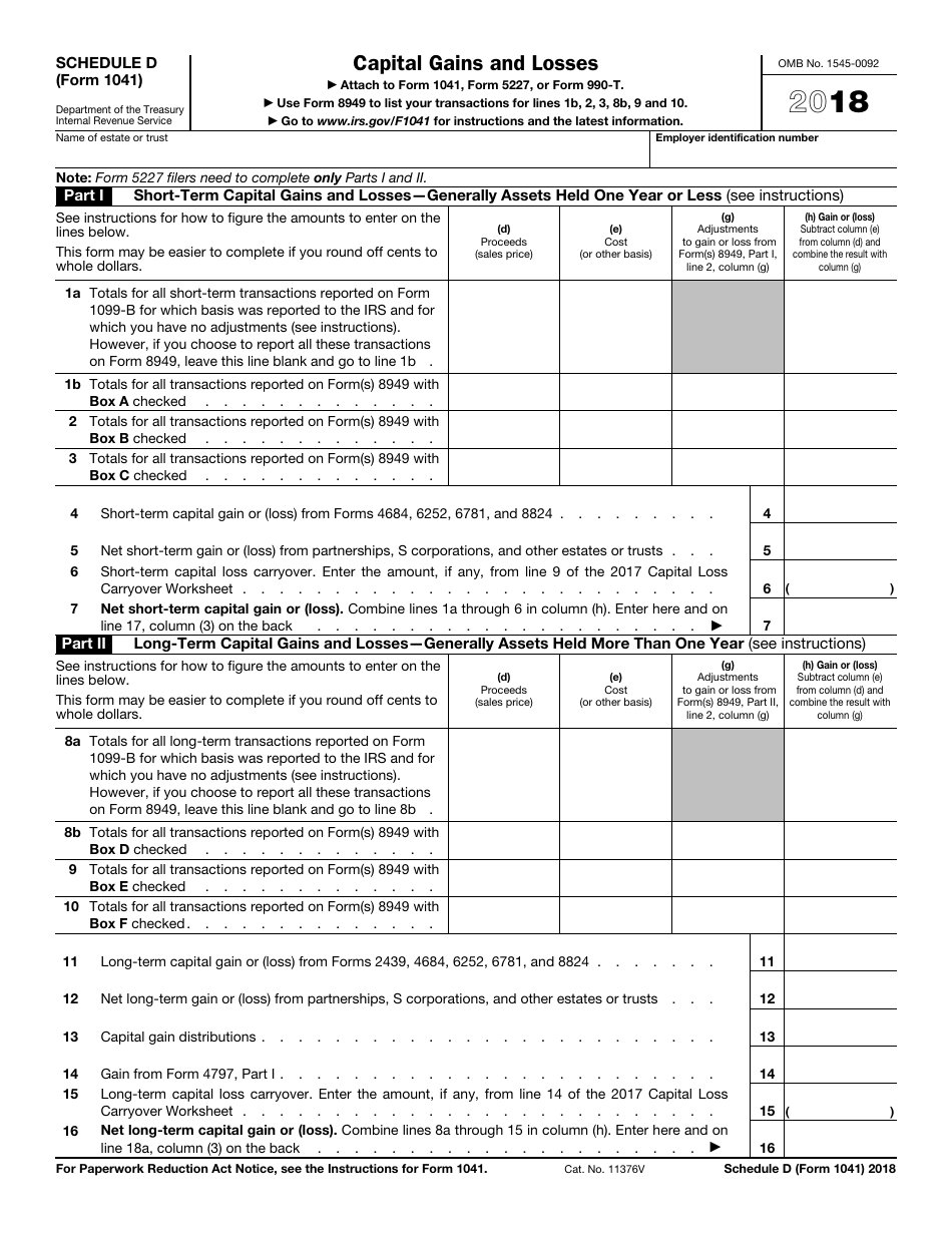 IRS Form 1041 Schedule D - 2018 - Fill Out, Sign Online and Download ...