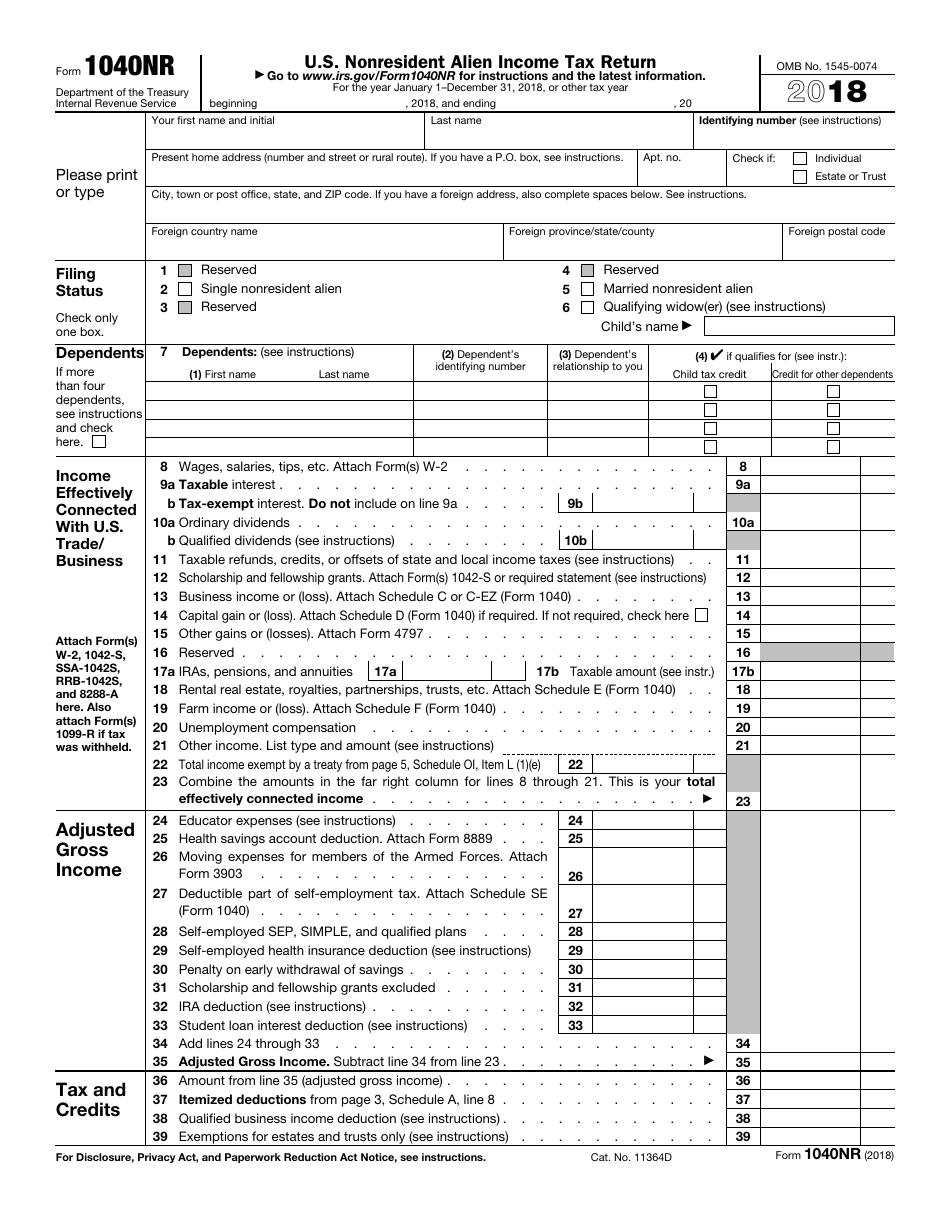 IRS Form 1040NR U.S. Nonresident Alien Income Tax Return, Page 1
