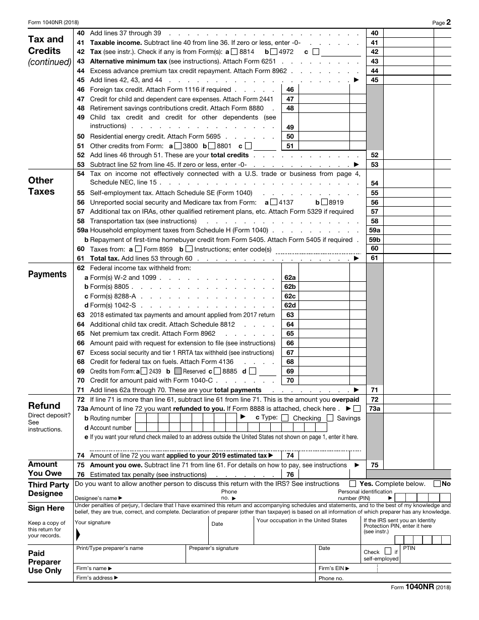 IRS Form 1040NR U.S. Nonresident Alien Income Tax Return, Page 2