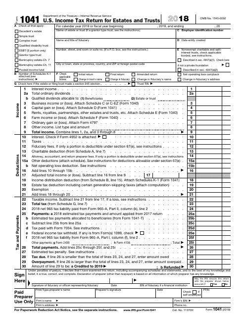 IRS Form 1041 2018 Printable Pdf