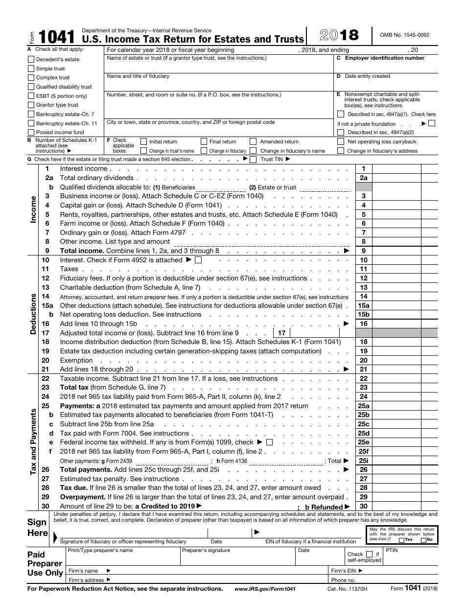 IRS Form 1041 2018 Fill Out Sign Online and Download Fillable PDF