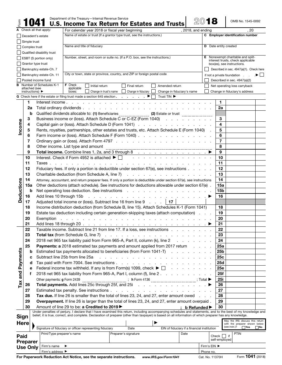 IRS Form 1041 U.S. Income Tax Return for Estates and Trusts, Page 1