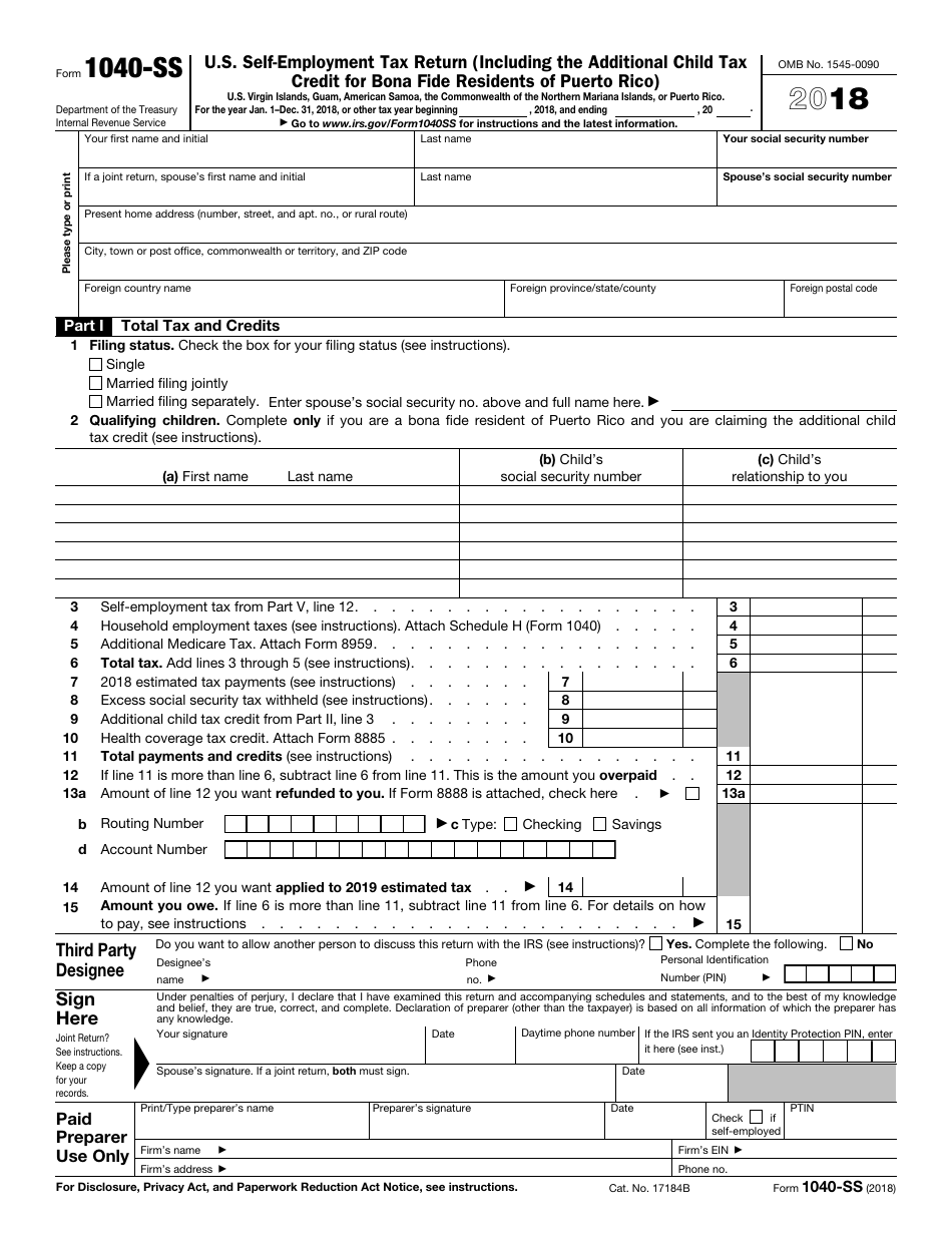 IRS Form 1040-SS U.S. Self-employment Tax Return (Including the Additional Child Tax Credit for Bona Fide Residents of Puerto Rico), Page 1