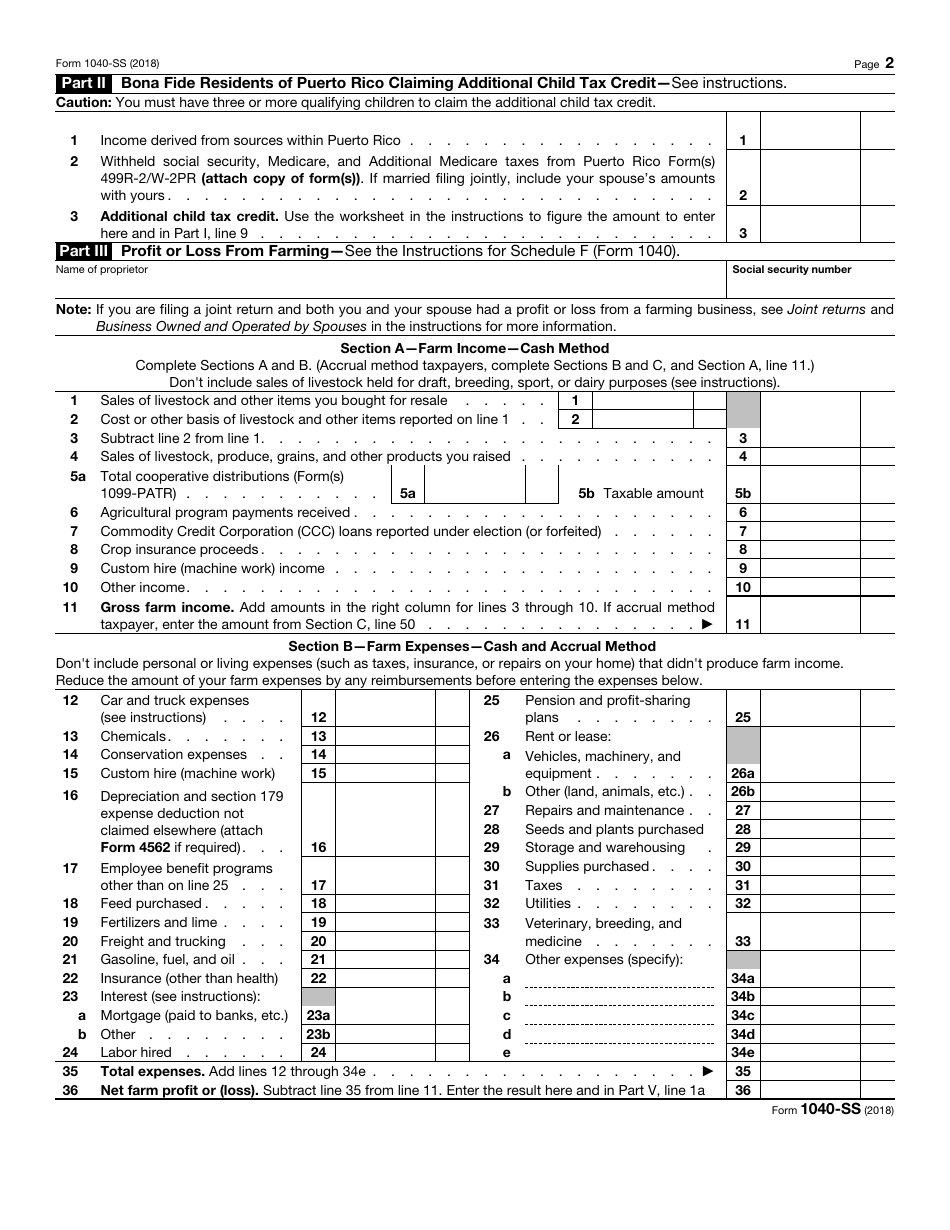 IRS Form 1040-SS U.S. Self-employment Tax Return (Including the Additional Child Tax Credit for Bona Fide Residents of Puerto Rico), Page 2