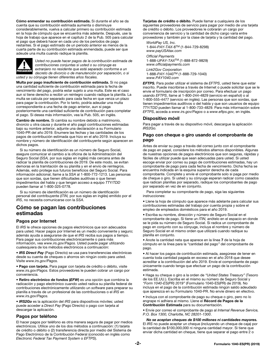 IRS Formulario 1040-ES(PR) Contribuciones Federales Estimadas Del Trabajo Por Cuenta Propia Y Sobre El Empleo De Empleados Domesticos - Puerto Rico (Puerto Rican Spanish), Page 2