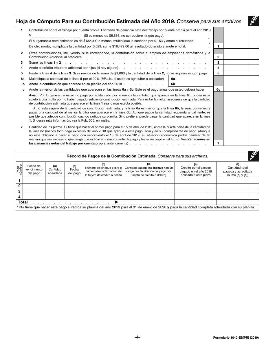 IRS Formulario 1040-ES(PR) Contribuciones Federales Estimadas Del Trabajo Por Cuenta Propia Y Sobre El Empleo De Empleados Domesticos - Puerto Rico (Puerto Rican Spanish), Page 4