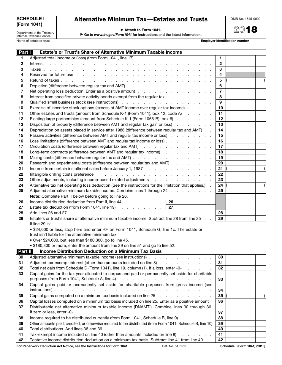 IRS Form 1041 Schedule I Alternative Minimum Tax - Estates and Trusts, Page 1