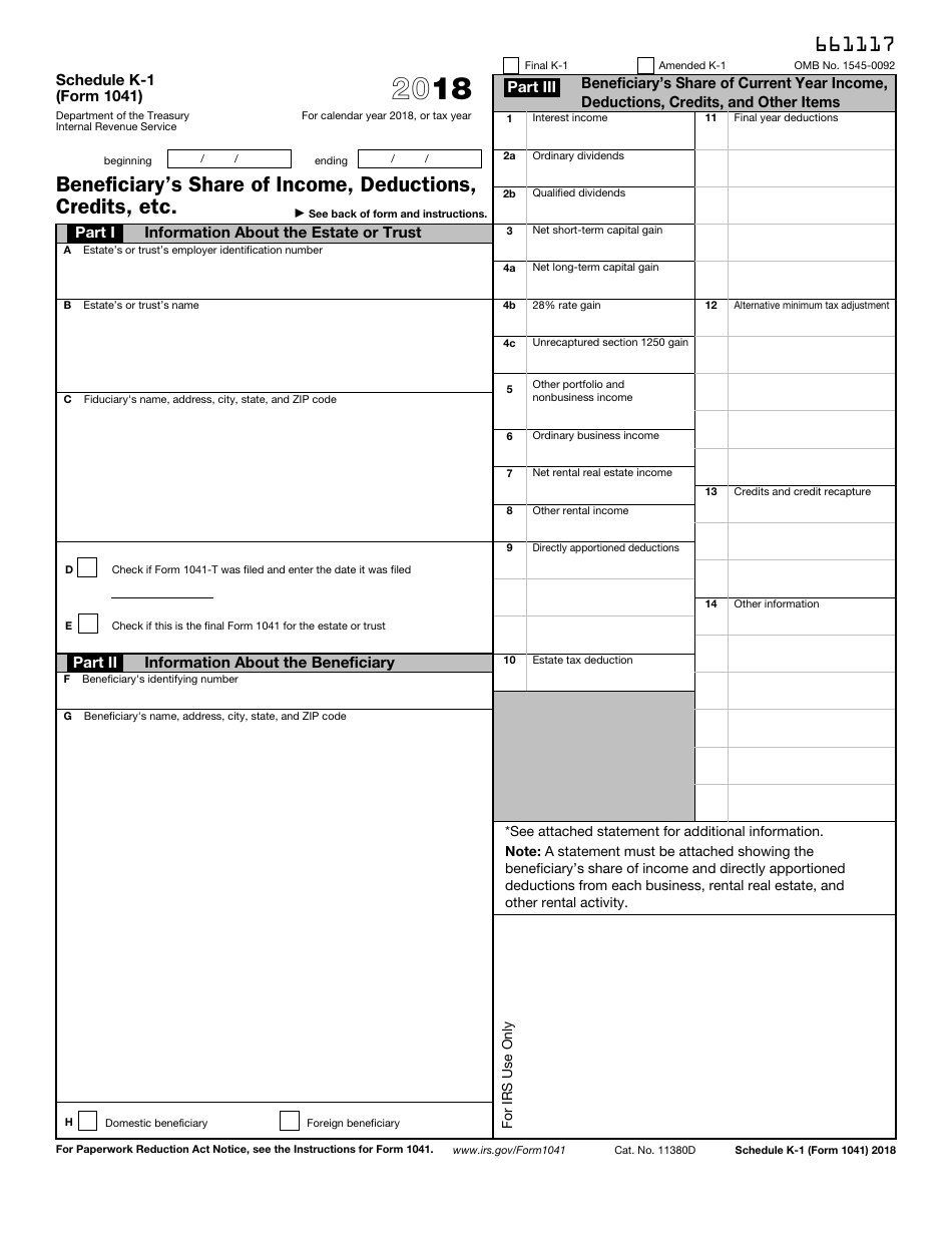 IRS Form 1041 Schedule K-1 Beneficiarys Share of Income, Deductions, Credits, Etc., Page 1