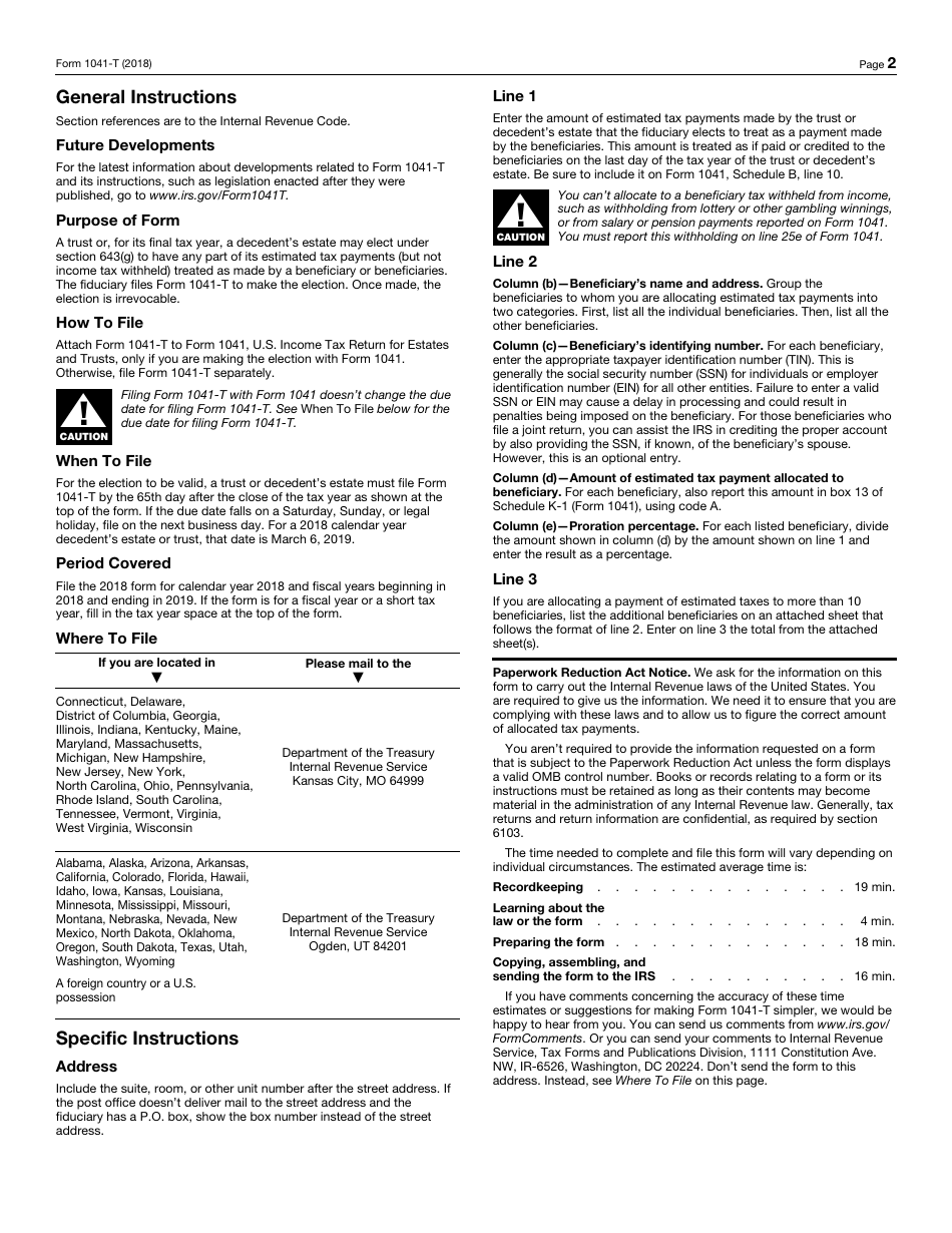 IRS Form 1041-T Allocation of Estimated Tax Payments to Beneficiaries, Page 2