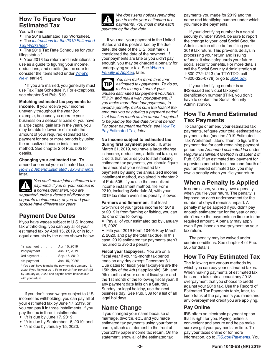 Irs Form 1040 Es Nr Download Fillable Pdf Or Fill Online Us Estimated Tax For Nonresident 5766