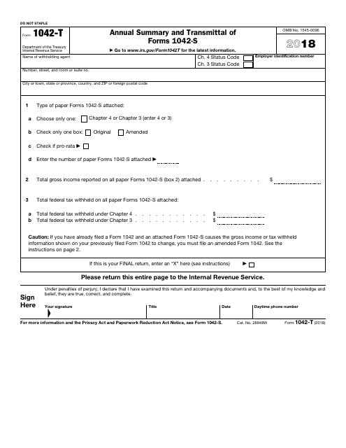 IRS Form 1042-T 2018 Printable Pdf