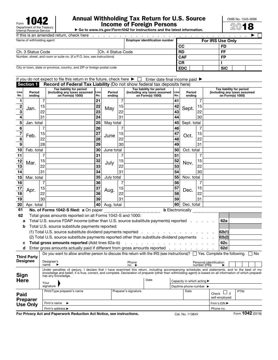 IRS Form 1042 Annual Withholding Tax Return for U.S. Source Income of Foreign Persons, Page 1
