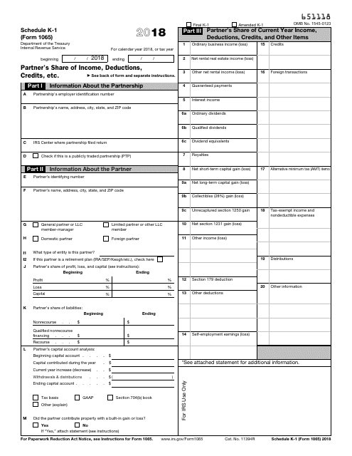 IRS Form 1065 Schedule K-1 2018 Printable Pdf
