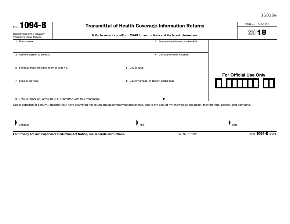 IRS Form 1094-B Transmittal of Health Coverage Information Returns, Page 1