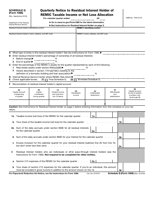 IRS Form 1066 Schedule Q Quarterly Notice to Residual Interest Holder of REMIC Taxable Income or Net Loss Allocation