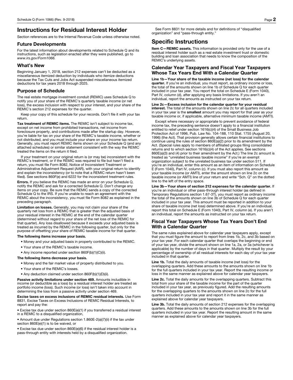 IRS Form 1066 Schedule Q Quarterly Notice to Residual Interest Holder of REMIC Taxable Income or Net Loss Allocation, Page 2