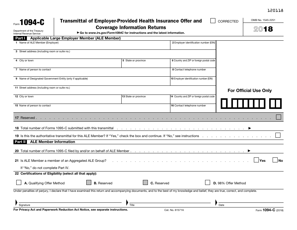 IRS Form 1094-C Transmittal of Employer-Provided Health Insurance Offer and Coverage Information Returns, Page 1