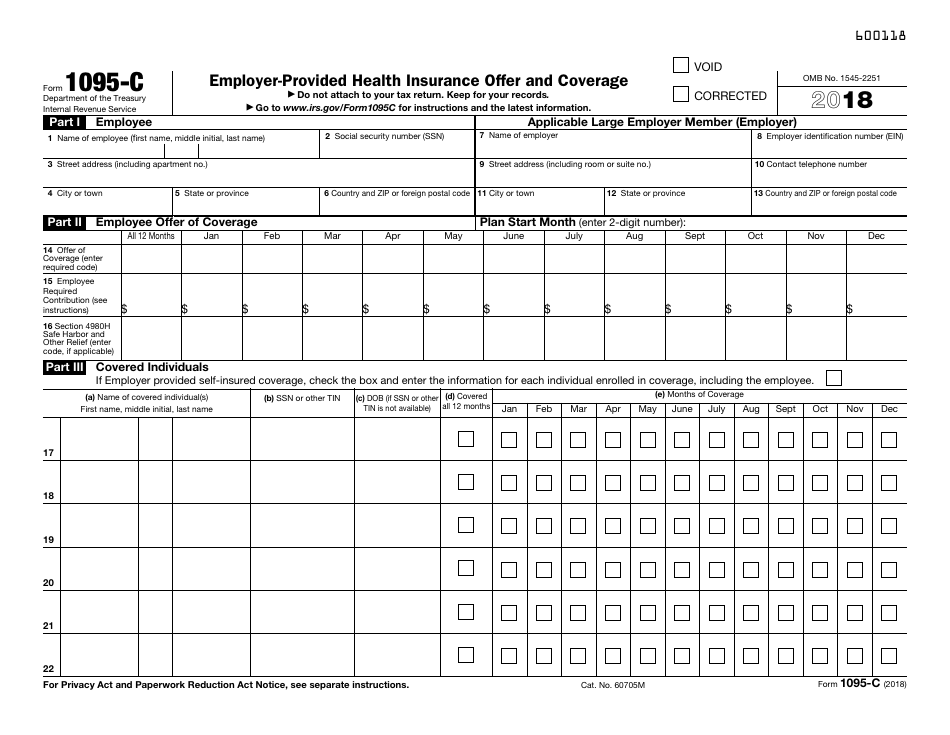 IRS Form 1095-C Employer-Provided Health Insurance Offer and Coverage, Page 1