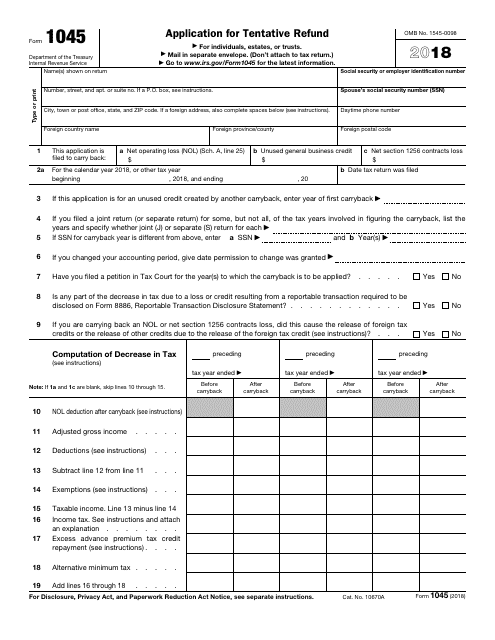 IRS Form 1045 2018 Printable Pdf