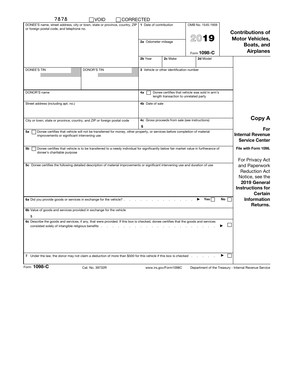 IRS Form 1098-C Contributions of Motor Vehicles, Boats, and Airplanes, Page 1