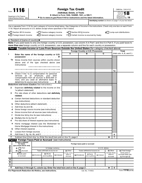IRS Form 1116 2018 Printable Pdf