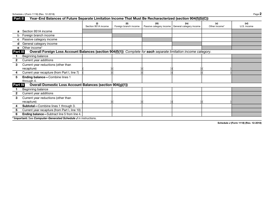 IRS Form 1118 Schedule J Adjustments to Separate Limitation Income (Loss) Categories for Determining Numerators of Limitation Fractions, Year-End Recharacterization Balances, and Overall Foreign and Domestic Loss Account Balances, Page 2
