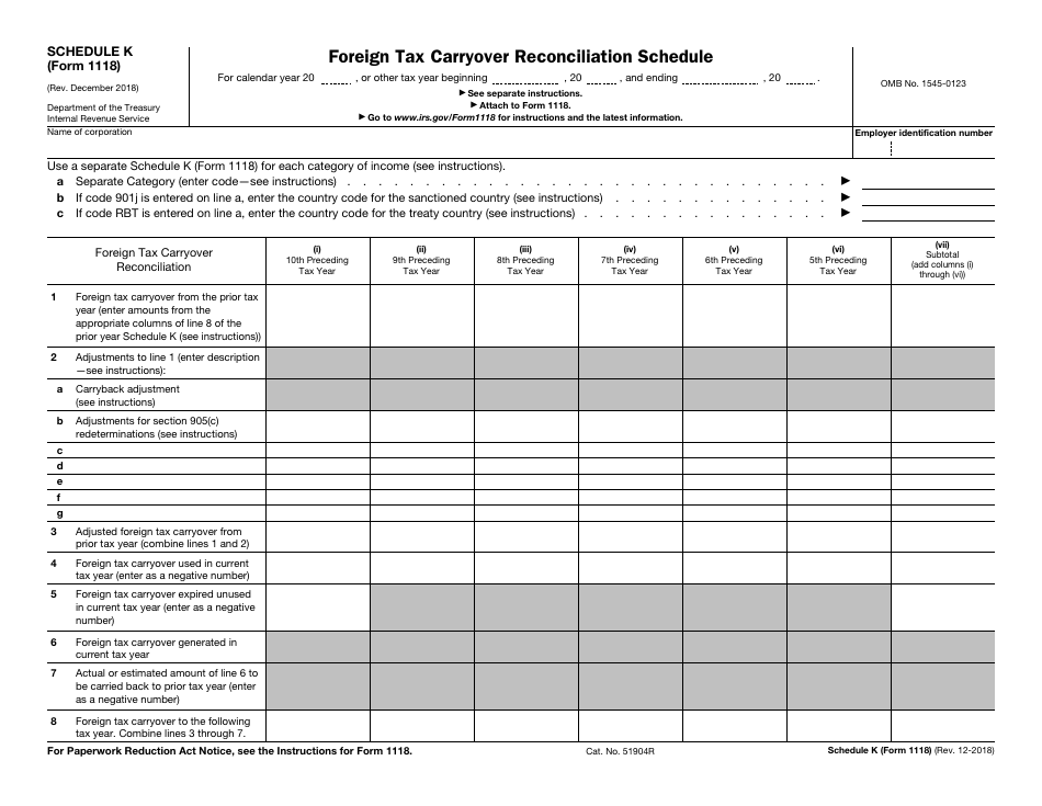 IRS Form 1118 Schedule K Foreign Tax Carryover Reconciliation Schedule, Page 1