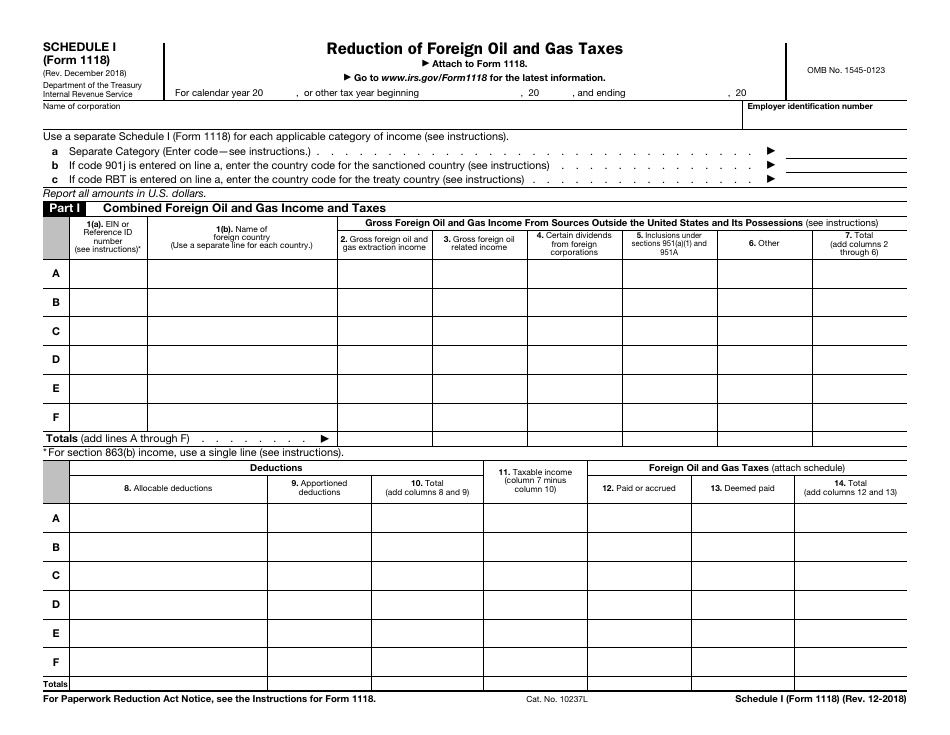 IRS Form 1118 Schedule I Reduction of Foreign Oil and Gas Taxes, Page 1