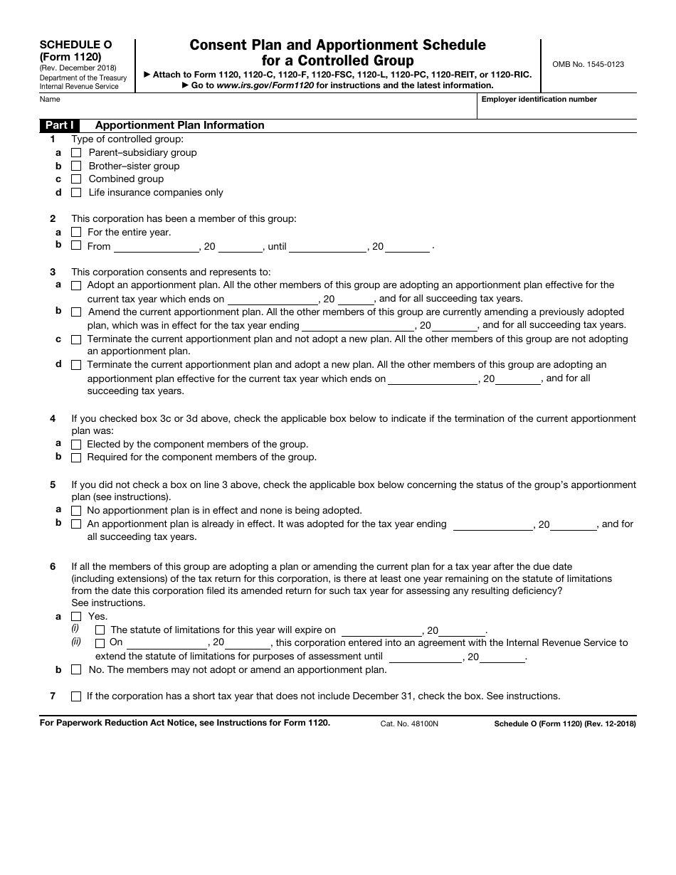 IRS Form 1120 Schedule O Consent Plan and Apportionment Schedule for a Controlled Group, Page 1