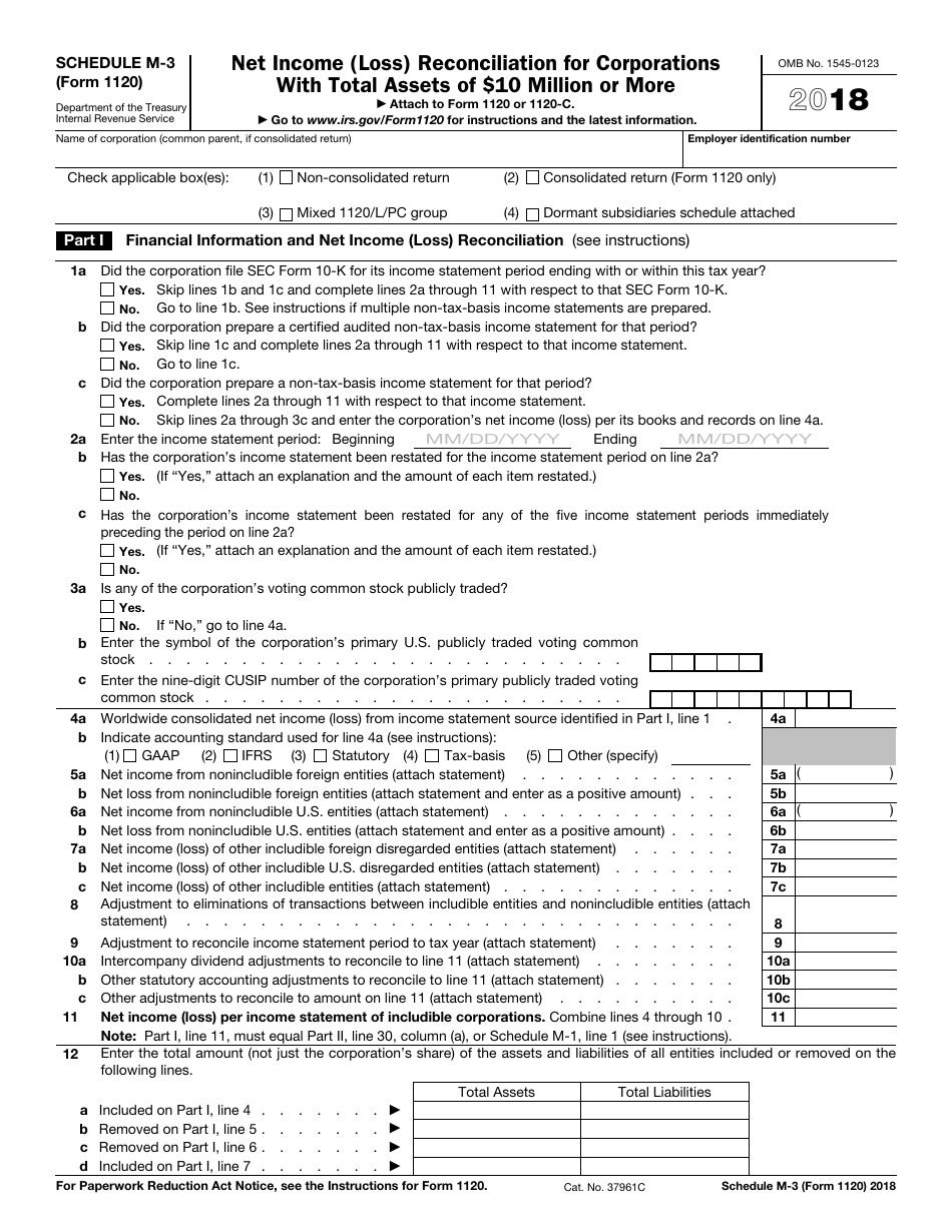 IRS Form 1120 Schedule M-3 Net Income (Loss) Reconciliation for Corporations With Total Assets of $10 Million or More, Page 1
