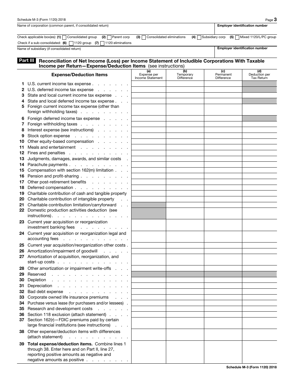 IRS Form 1120 Schedule M-3 Net Income (Loss) Reconciliation for Corporations With Total Assets of $10 Million or More, Page 3