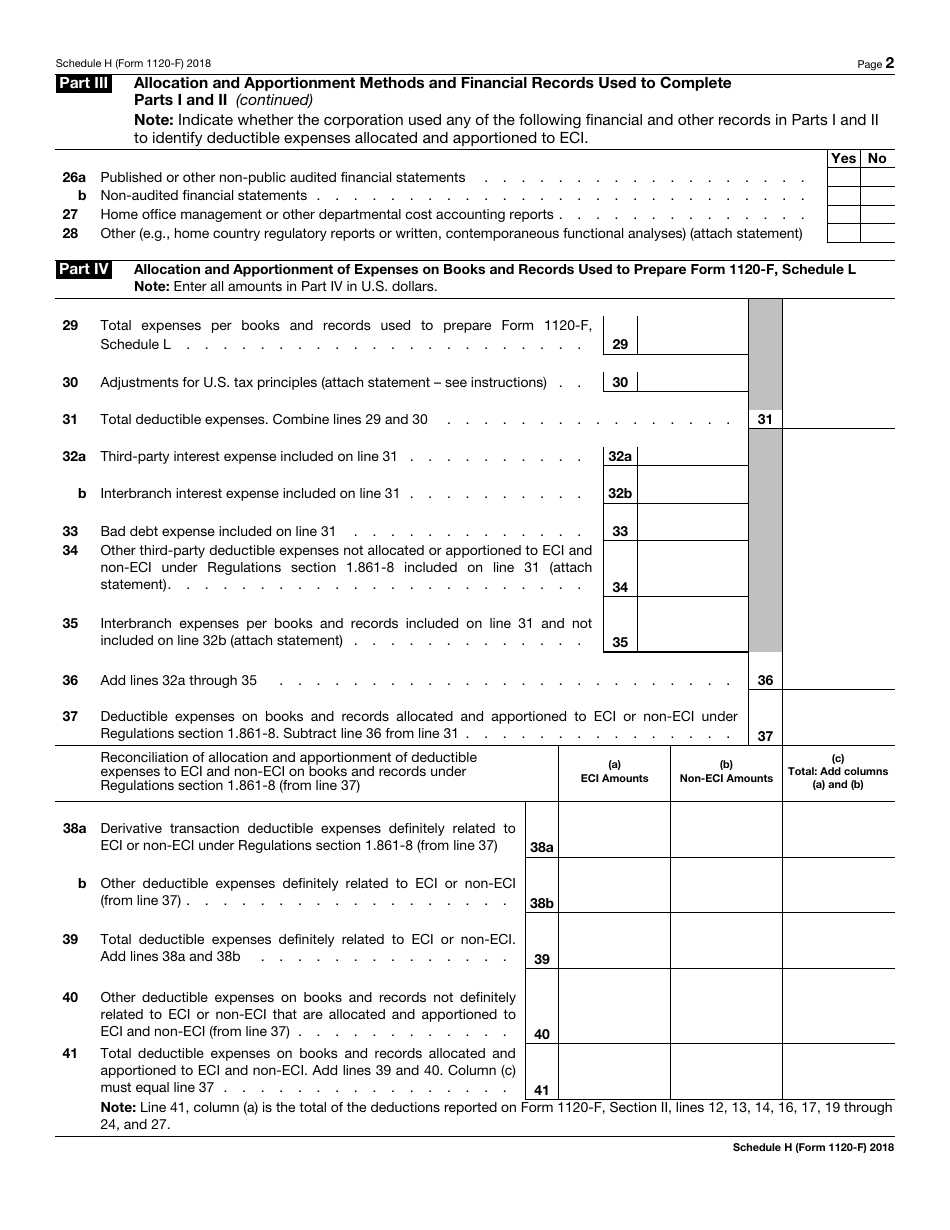 IRS Form 1120-F Schedule H Deductions Allocated to Effectively Connected Income Under Regulations Section 1.861-8, Page 2