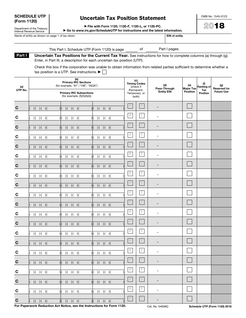 IRS Form 1120 Schedule UTP Uncertain Tax Position Statement, Page 1