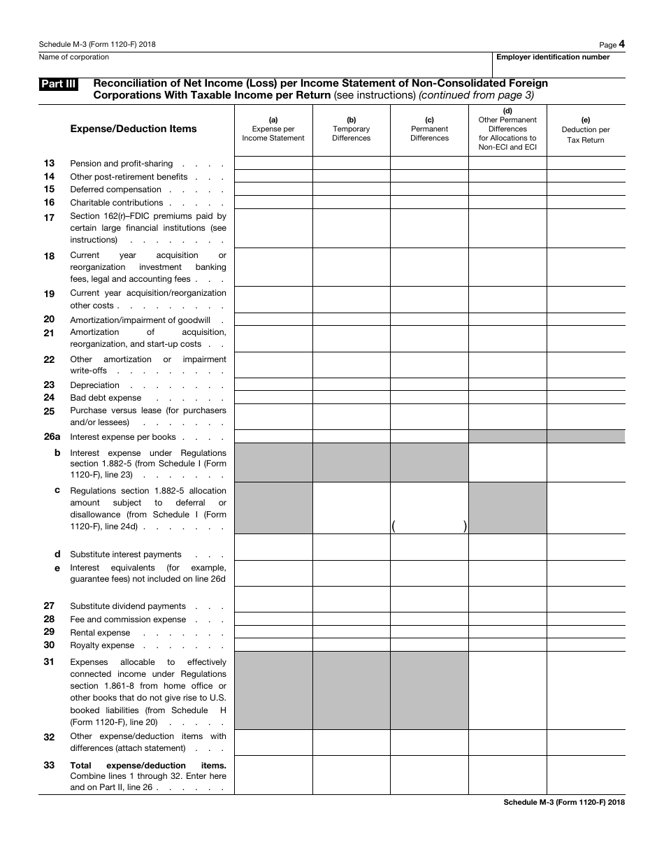 IRS Form 1120-F Schedule M-3 Net Income (Loss) Reconciliation for Foreign Corporations With Reportable Assets of $10 Million or More, Page 4