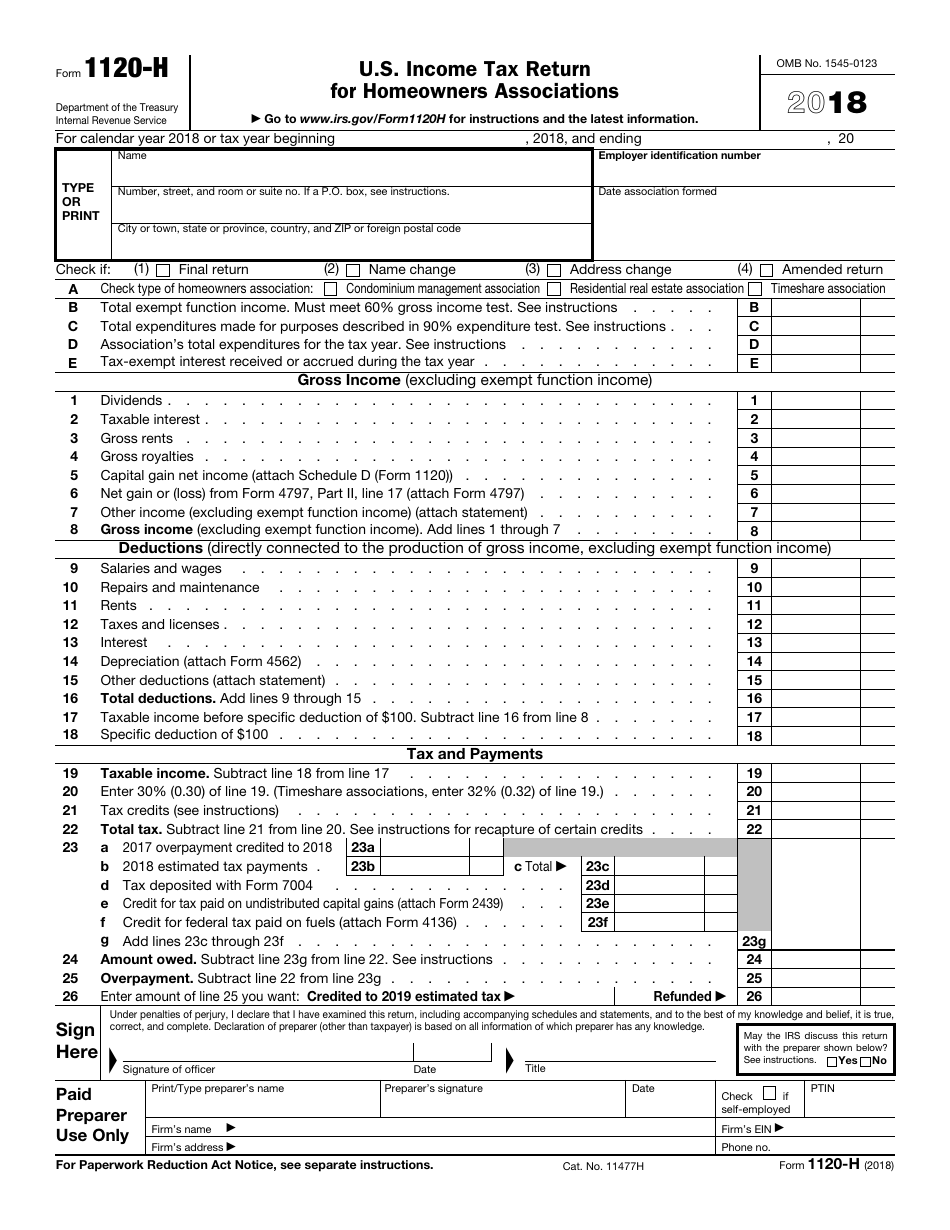 IRS Form 1120-H - 2018 - Fill Out, Sign Online and Download Fillable ...