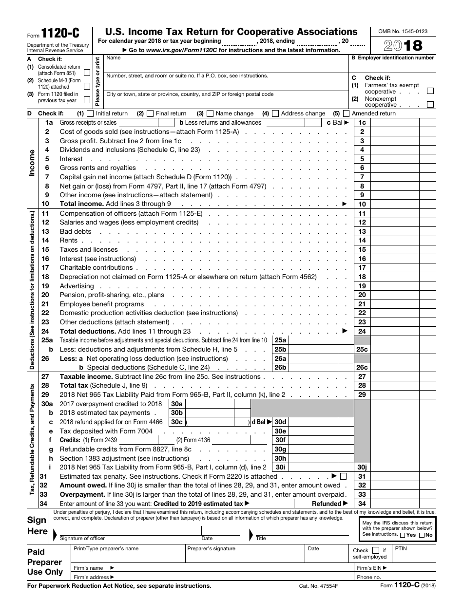 IRS Form 1120-C U.S. Income Tax Return for Cooperative Associations, Page 1