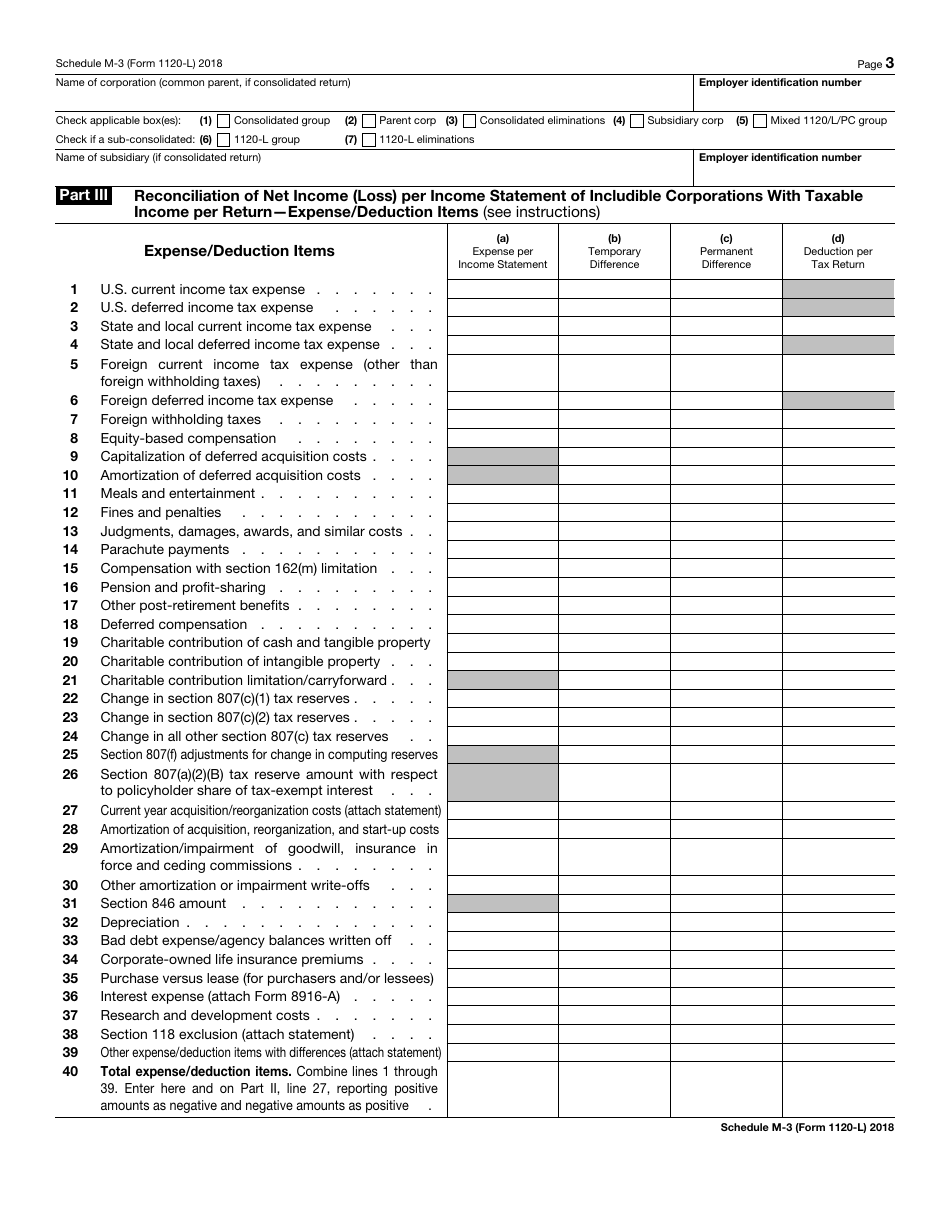 IRS Form 1120-L Schedule M-3 Net Income (Loss) Reconciliation for U.S. Life Insurance Companies With Total Assets of $10 Million or More, Page 3